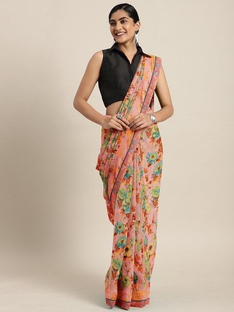 

Triveni Peach-Coloured & Green Poly Chiffon Printed Saree
