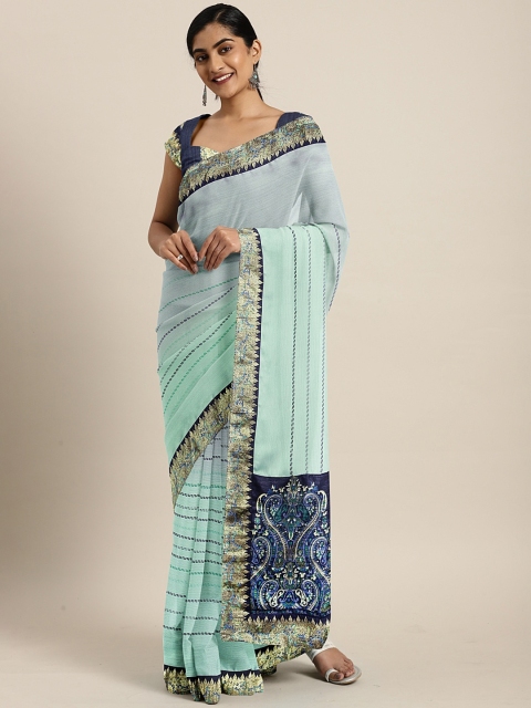 

Triveni Turquoise Blue & Grey Striped Poly Chiffon Saree