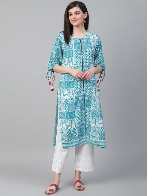 

Shree Women Turquoise Blue & Off-White Printed Straight Kurta