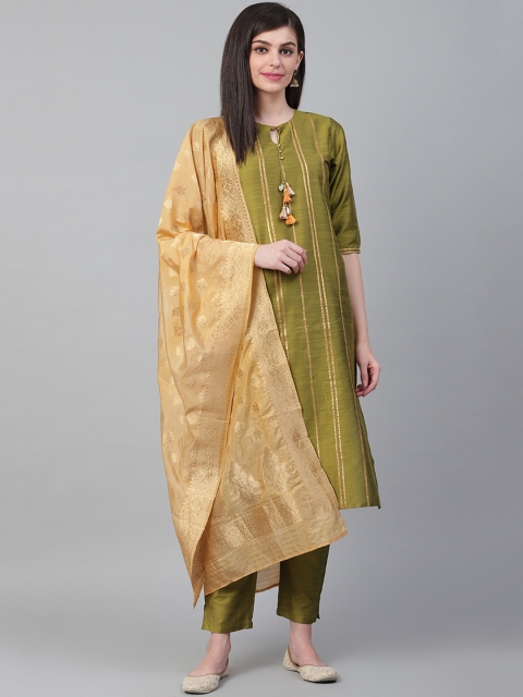 

Shree Women Green & Golden Solid Kurta with Trousers & Dupatta