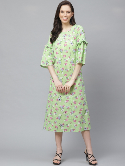 

AASI - HOUSE OF NAYO Women Green & Pink Floral Printed A-Line Dress