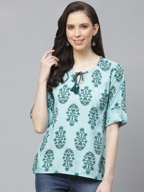 

AASI - HOUSE OF NAYO Women Turquoise Blue Printed Pure Cotton Top