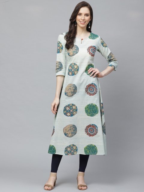 

AASI - HOUSE OF NAYO Women Green & Blue Printed A-Line Kurta