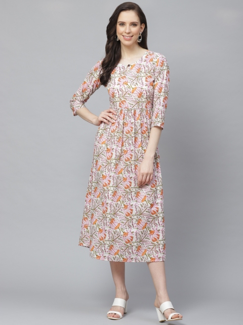 

AASI - HOUSE OF NAYO Women Off-White & Pink Floral Printed A-Line Dress