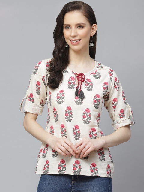 

AASI - HOUSE OF NAYO Women Off-White & Pink Floral Printed Top