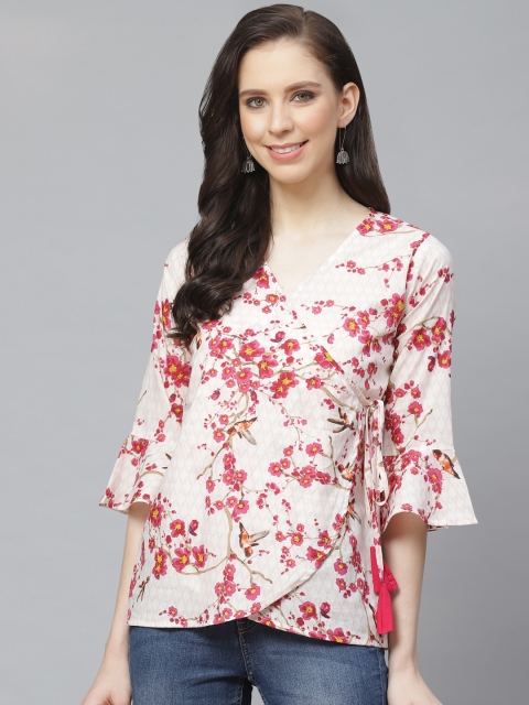 

AASI - HOUSE OF NAYO Women Off-White & Pink Floral Printed Tie-Up Wrap Pure Cotton Top