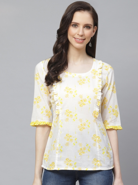 

AASI - HOUSE OF NAYO Women White & Yellow Floral Printed Ruffled Top