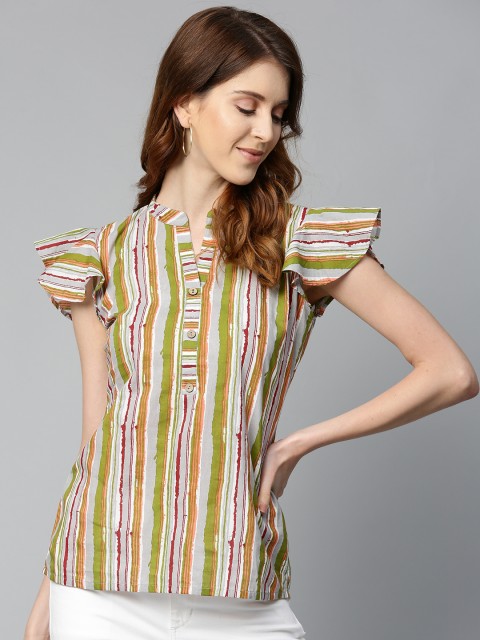 

AASI - HOUSE OF NAYO Women Grey & Green Candy Striped Pure Cotton Top