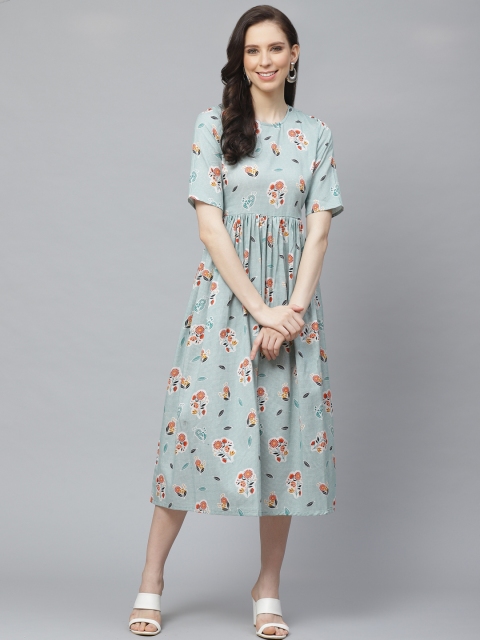 

AASI - HOUSE OF NAYO Women Sea Green & White Checked with Floral Detail A-Line Dress