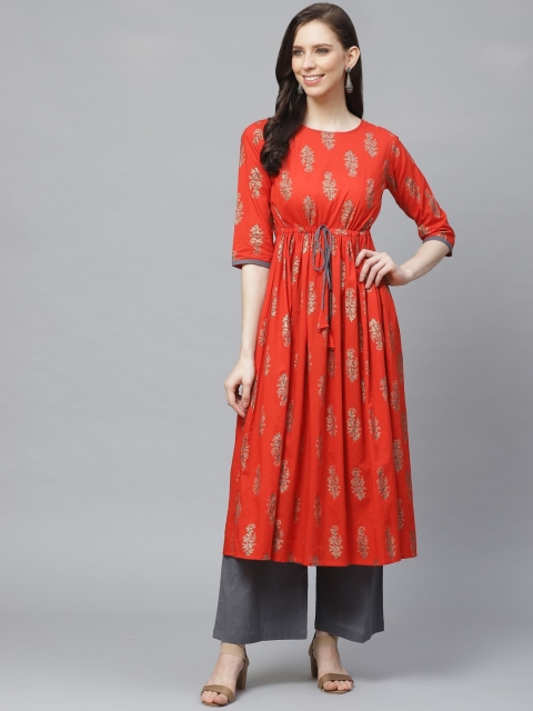 

AASI - HOUSE OF NAYO Women Red & Charcoal Grey Ethnic Printed Kurta with Palazzos