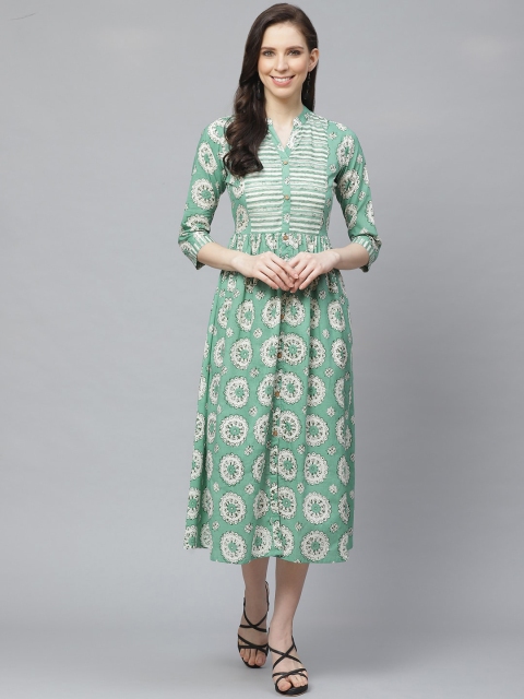 

AASI - HOUSE OF NAYO Women Sea Green & Off-White Ethnic Print A-Line Dress