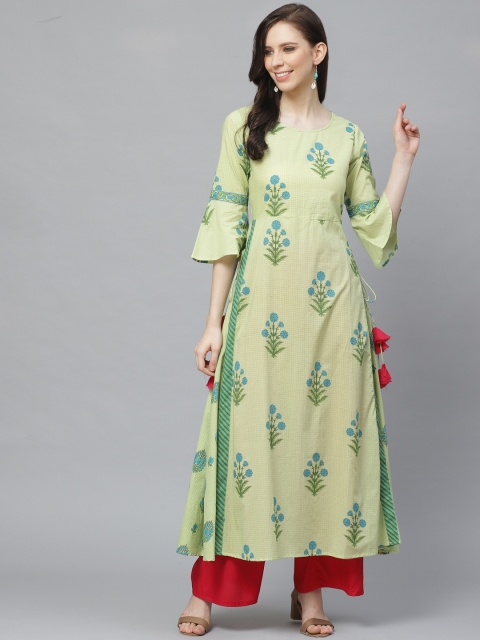 

AASI - HOUSE OF NAYO Women Green & Blue Printed Tie-Up Anarkali Kurta