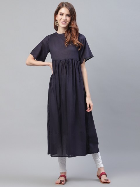 

I AM FOR YOU Women Navy Blue Solid A-Line Kurta