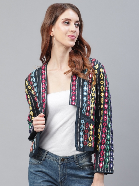 

I AM FOR YOU Women Navy Blue Self-Striped Lightweight Open Front Jacket