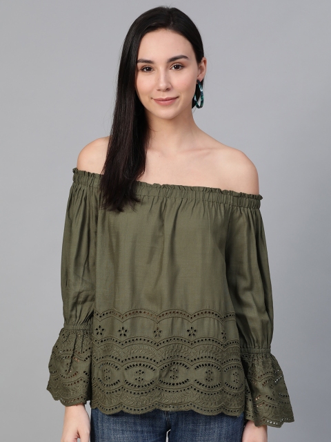 

I AM FOR YOU Women Olive Green Schifflli Embroidered Bardot Top