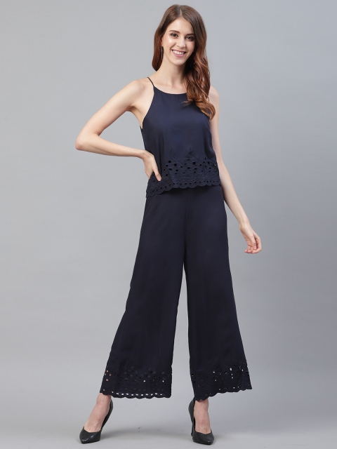 

I AM FOR YOU Women Navy Blue Schiffli Detail Basic Jumpsuit
