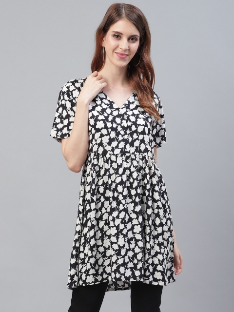 

I AM FOR YOU Women Black & Off-White Floral Print A-Line Kurta