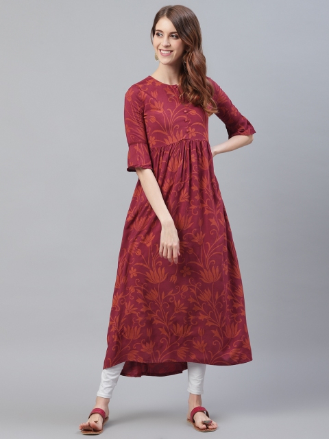 

I AM FOR YOU Women Maroon & Rust Orange Floral Printed Anarkali Kurta