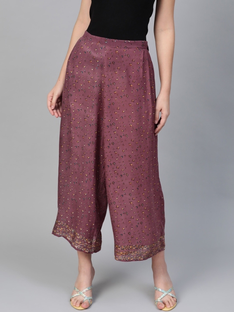 

I AM FOR YOU Women Mauve & Yellow Floral Ditsy Print Flared Palazzos