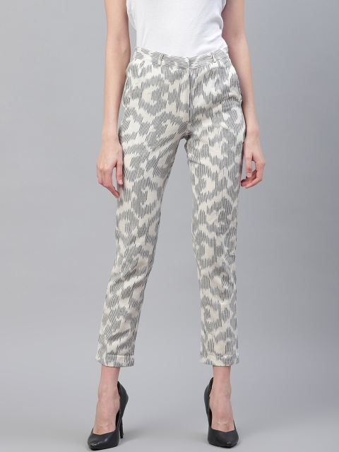 

I AM FOR YOU Women Off-White & Navy Blue Tailored Fit Printed Cropped Cigarette Trousers