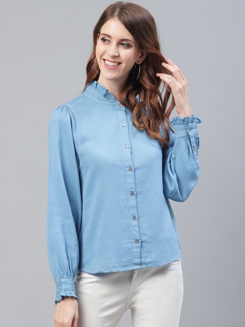 

I AM FOR YOU Women Blue Regular Fit Twill Weave Solid Casual Shirt