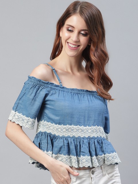 

I AM FOR YOU Women Blue Lace Detail Denim Bardot Top