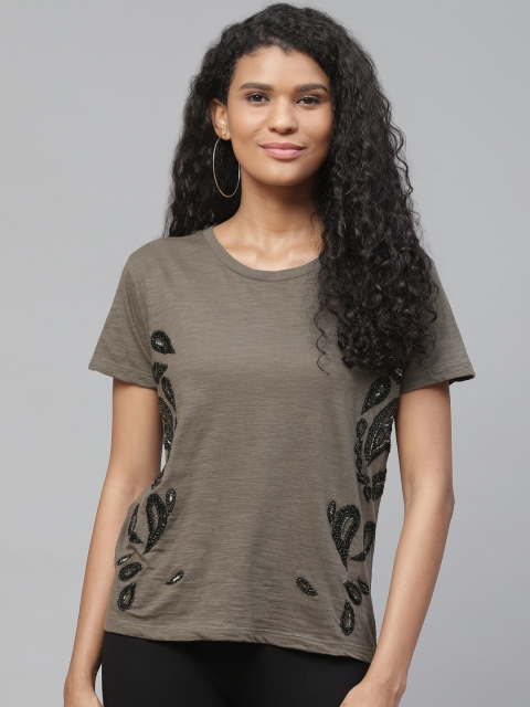 

I AM FOR YOU Women Olive Green Embellished Pure Cotton Top