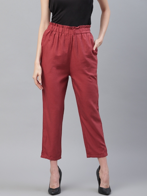 

I AM FOR YOU Women Red Tailored Fit Striped Cropped Paper-Bag Trousers