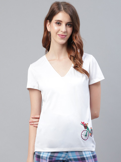 

I AM FOR YOU Women White Embroidered Detail V-Neck T-shirt