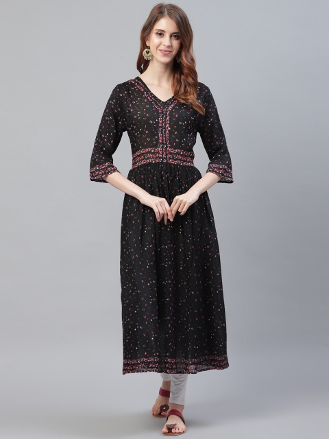 

I AM FOR YOU Women Black & Pink Printed A-Line Kurta