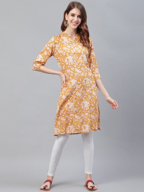 

I AM FOR YOU Women Mustard Yellow & Off-White Printed Straight Kurta