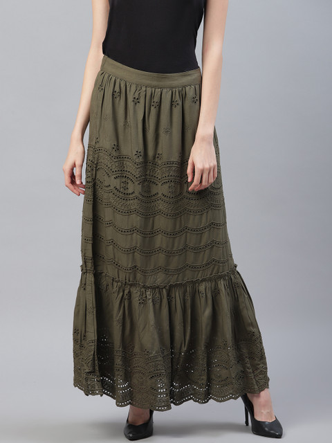 

I AM FOR YOU Women Olive Green Schiffli Embroidered Flared Maxi Skirt