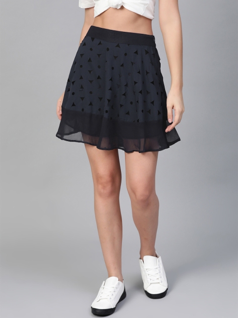 

I AM FOR YOU Women Navy Blue Laser Cut Detail A-Line Skirt