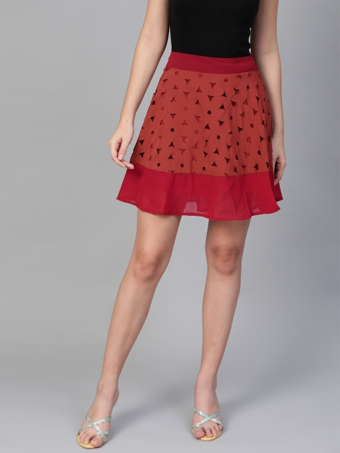 

I AM FOR YOU Women Maroob Laser Cut Detail A-Line Skirt, Maroon