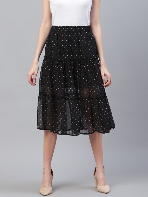 

I AM FOR YOU Women Black & White Quirky Print Semi-Sheer Tiered Skirt