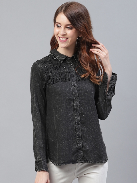 

I AM FOR YOU Women Charcoal Grey Regular Fit Faded Party Shirt