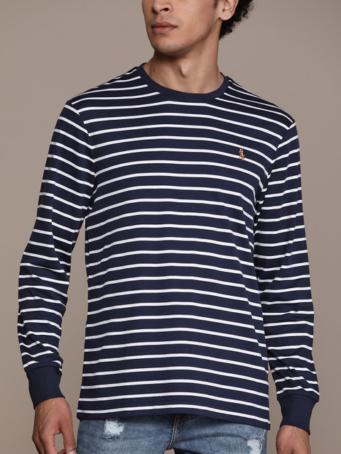 

Polo Ralph Lauren Men Navy Blue & White Striped Round Neck T-shirt