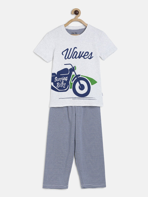 

mackly Boys Grey Melange & Blue Printed Night suit