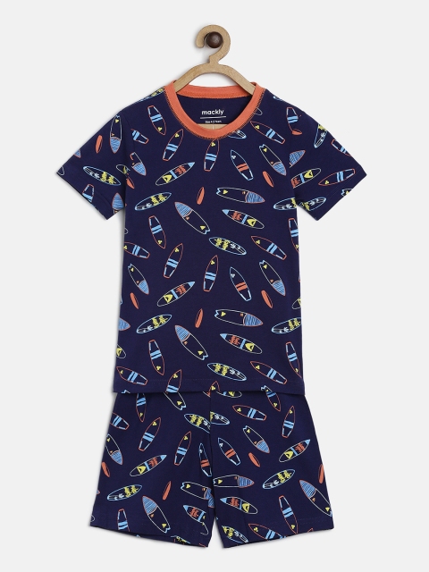 

mackly Boys Navy Blue Printed Night suit