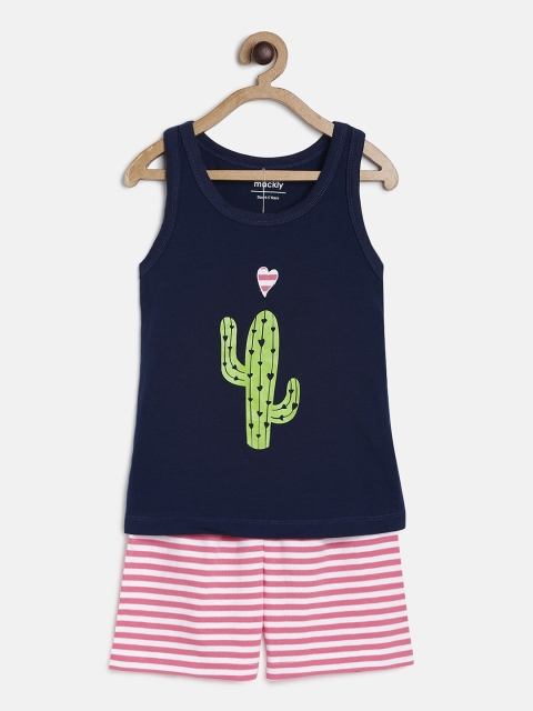 

mackly Girls Navy Blue & Pink Printed Night Suit