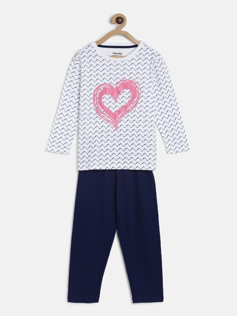 

mackly Girls White & Navy Blue Printed Night Suit
