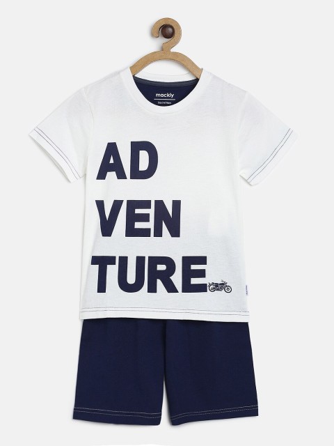 

mackly Boys White & Navy Blue Printed Night suit