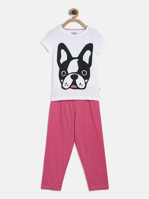 

mackly Girls White & Pink Printed Night suit