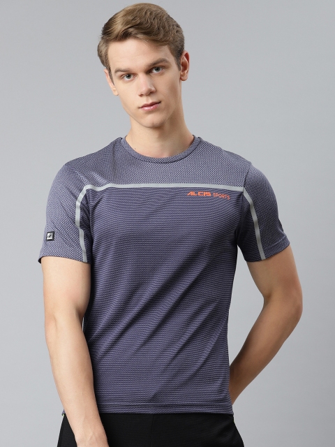 

Alcis Men Navy Blue & Grey Striped Slim Fit Training or Gym T-shirt