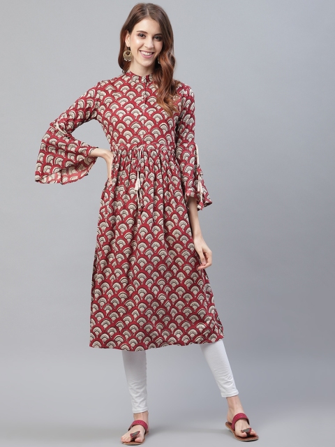 

I AM FOR YOU Women Red & Beige Ethnic Print A-Line Kurta