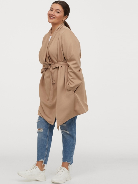 

H&M+ Women Beige Solid Sustainable Coat With Draped Lapels