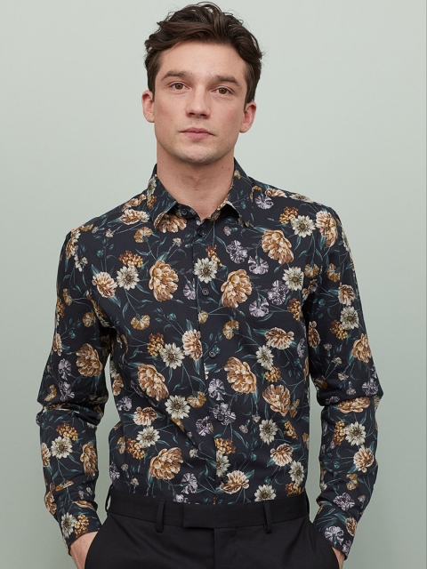 

H&M Men Black Floral Shirt Slim Fit