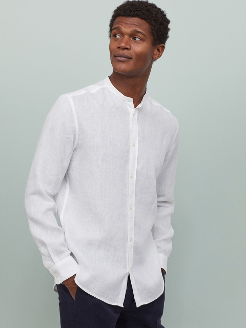 

H&M Men White Solid Linen Grandad Shirt