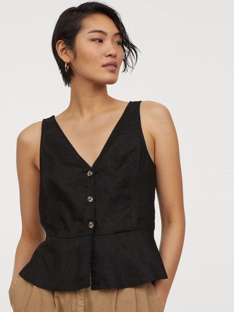 

H&M Women Black Solid V-Neck Linen Blouse