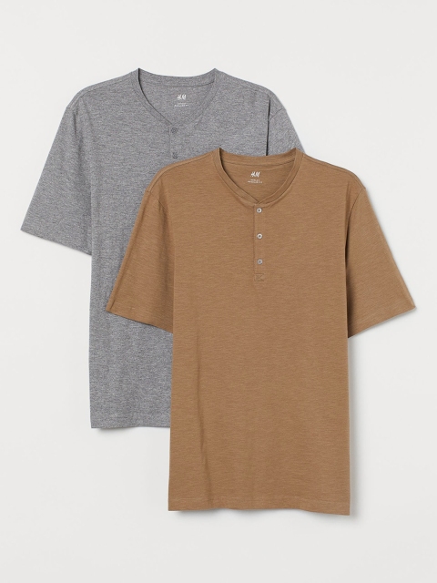 

H&M Men Beige & Grey Solid 2-Pack Henley Sustainable Shirts